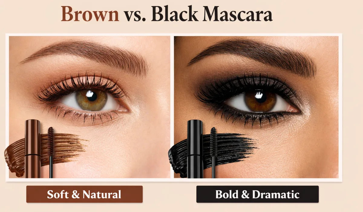 Comparison of brown vs black mascara showing natural and dramatic lash looks.