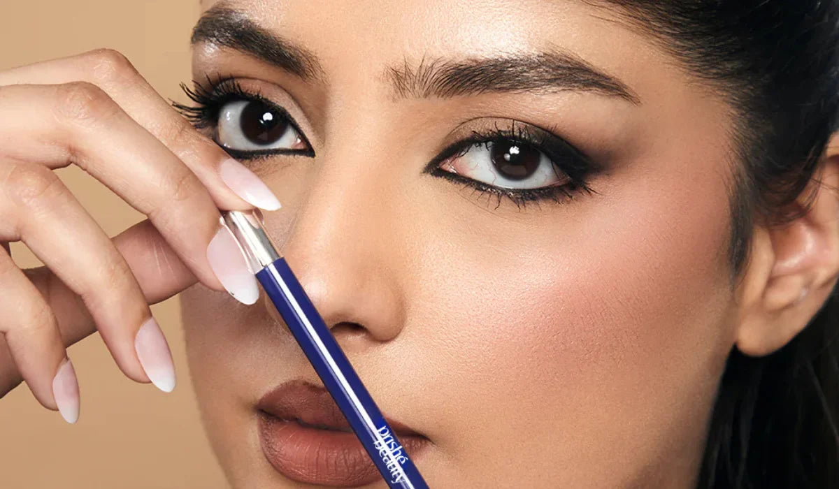 Step-by-step tutorial showing how to apply brown and nude kajal for natural eye makeup.