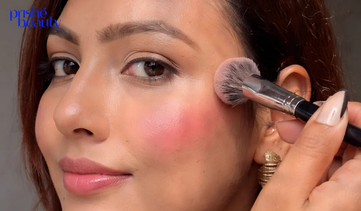 Woman applying matte blush suitable for oily skin for a long-lasting fresh look