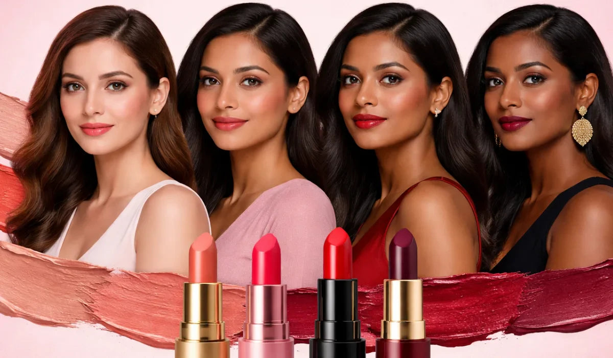 Different lipstick shades suitable for Indian skin tones including nude, red, and berry colors