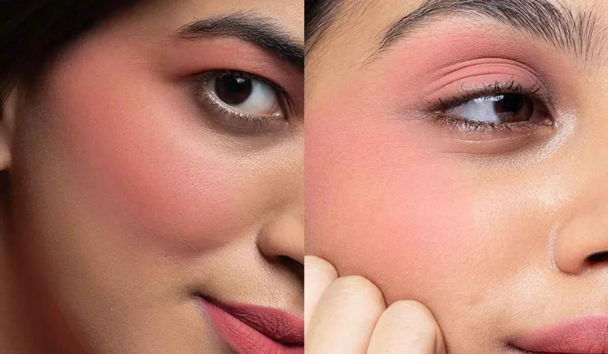 Comparison of cream blush vs powder blush showing texture and finish difference