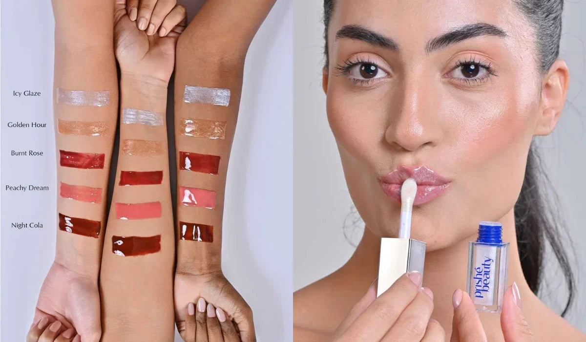 Lip gloss buying guide showing different shades and finishes for choosing the right lip gloss