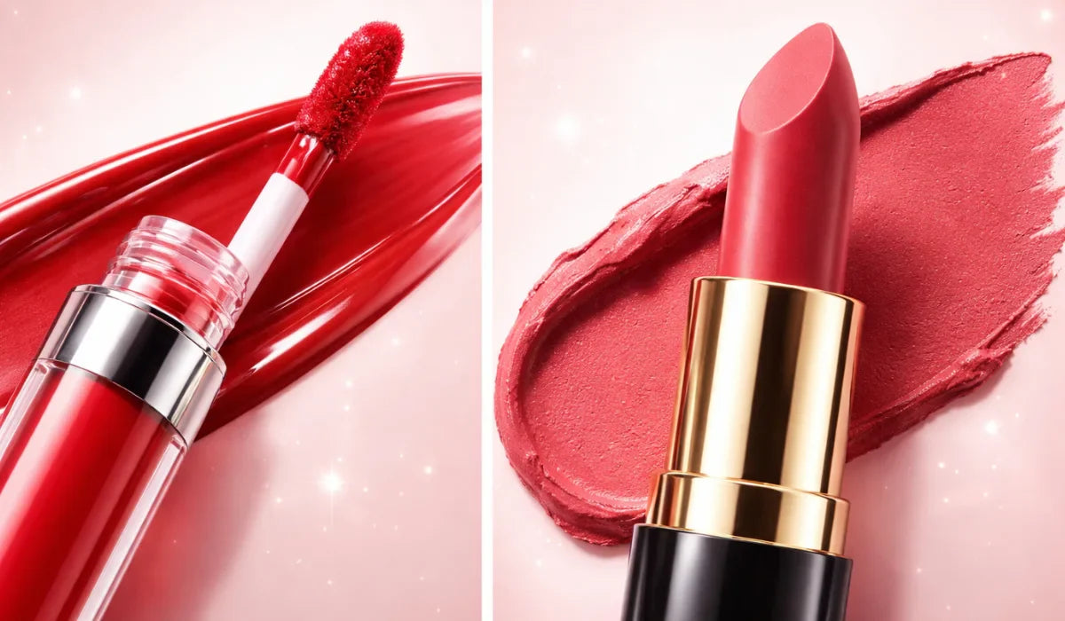 Comparison of liquid vs matte lipstick showing texture and finish differences