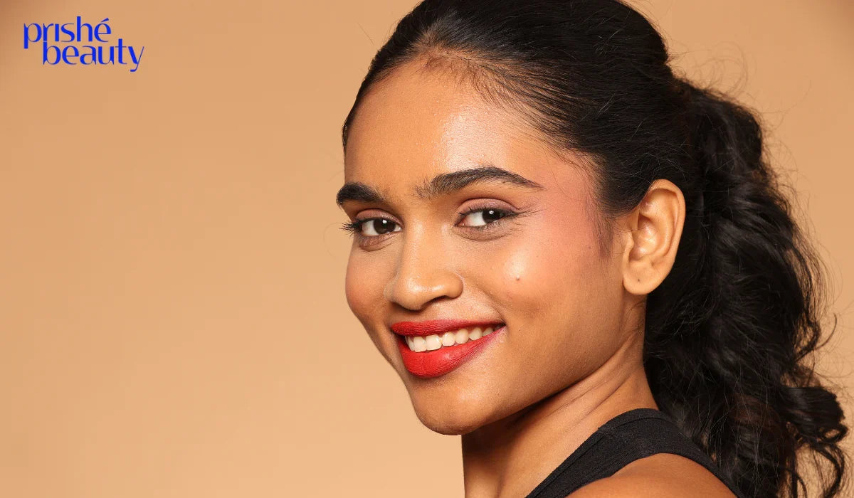  Woman wearing long-lasting glossy lipstick with shiny lips