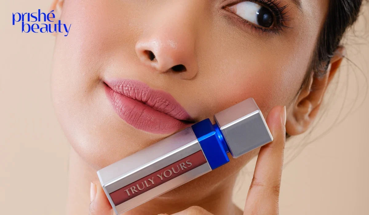 Woman with wheatish skin wearing a flattering nude lipstick shade, showcasing the best nude lipstick for wheatish skin.